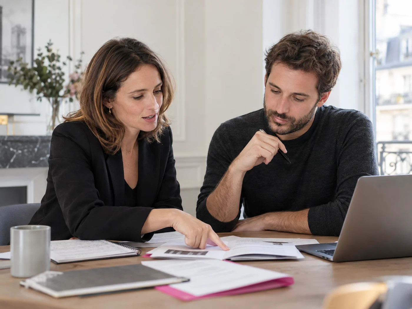 Deux professionnels travaillent ensemble sur des documents lors d’une séance de formation individuelle
